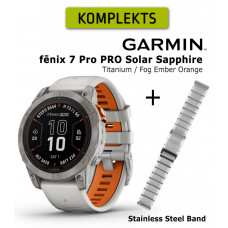 fēnix 7 Pro Sapphire Solar, Titanium with Fog Gray/Ember Orange + Stainless Steel Band