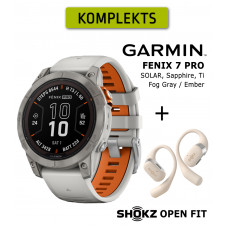 Garmin  Fenix 7 Pro Saph Solar, Ti Fog Gry/Ember Orange + Shokz Open Fit Beige